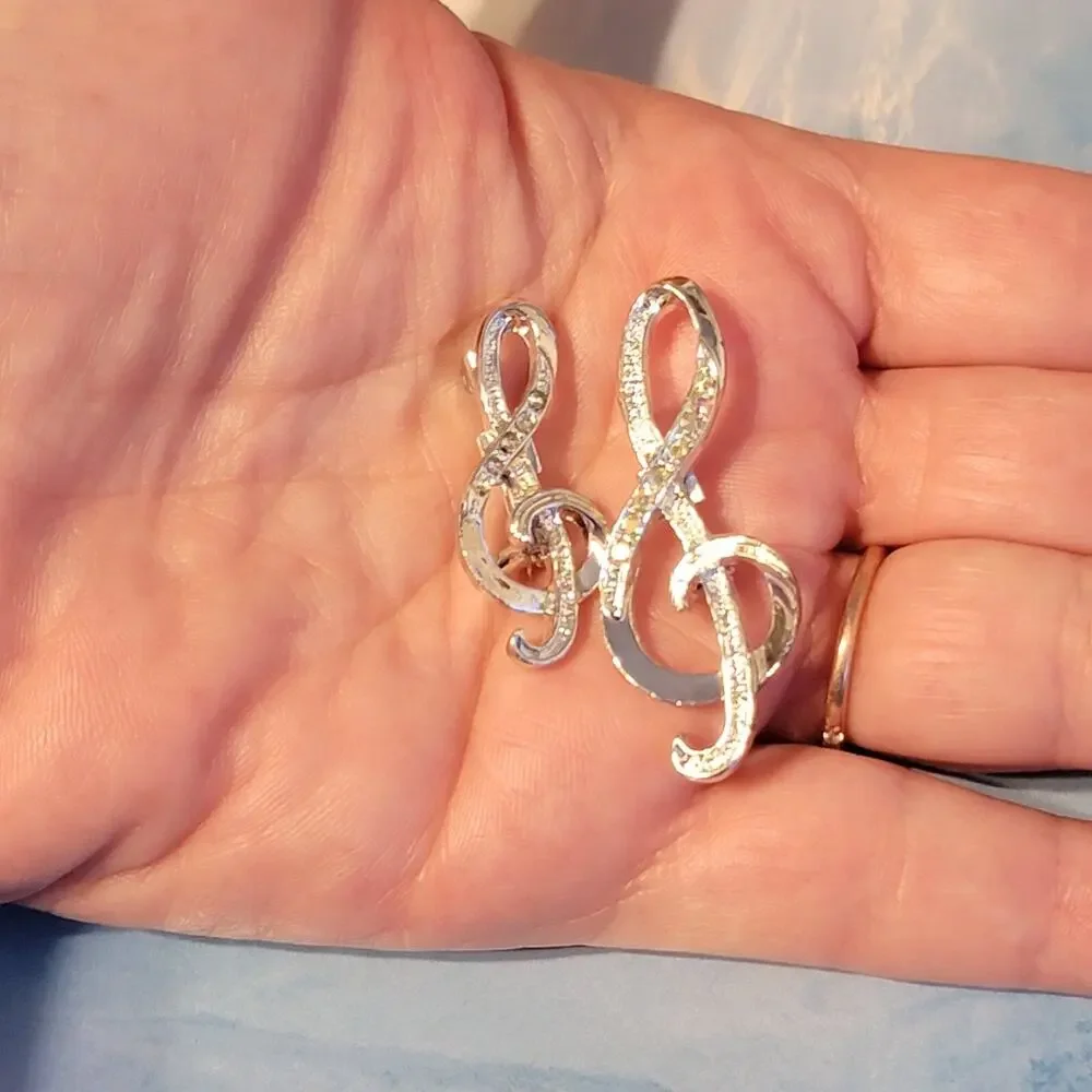 2 Vintage Brooch Pin Rhinestone Musical Notes 1 7/8